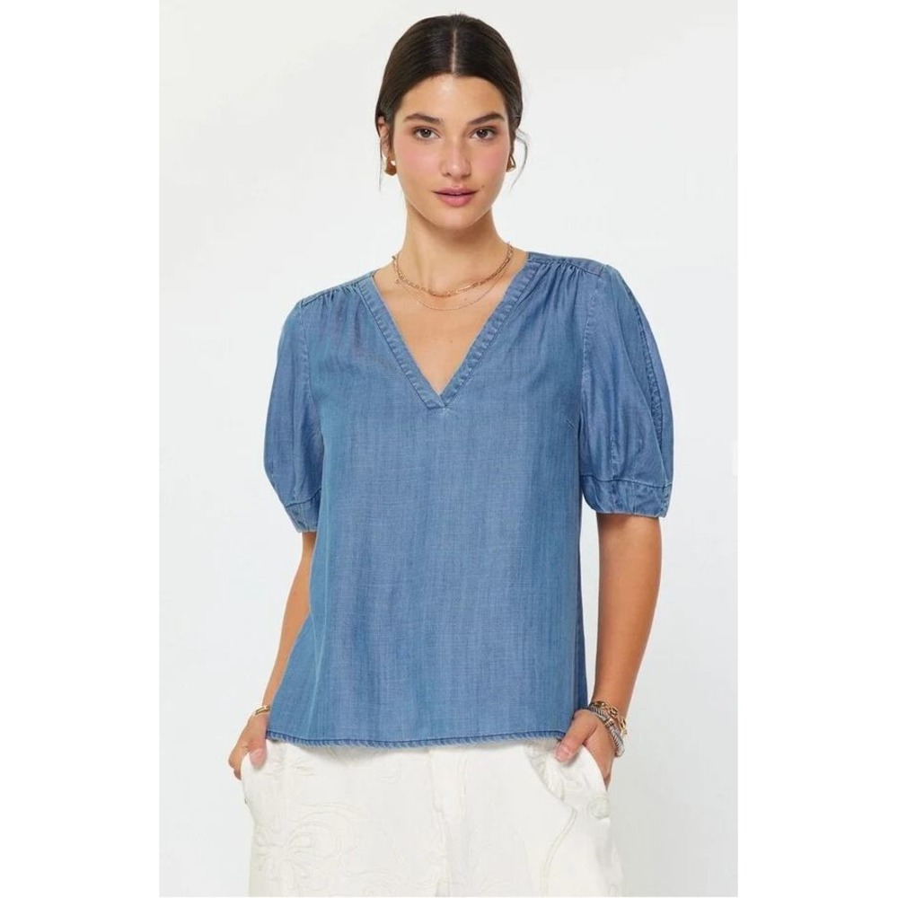 Current Air Anthropologie Chambray Denim Puff Sleeve V-Neck Top Blouse Medium